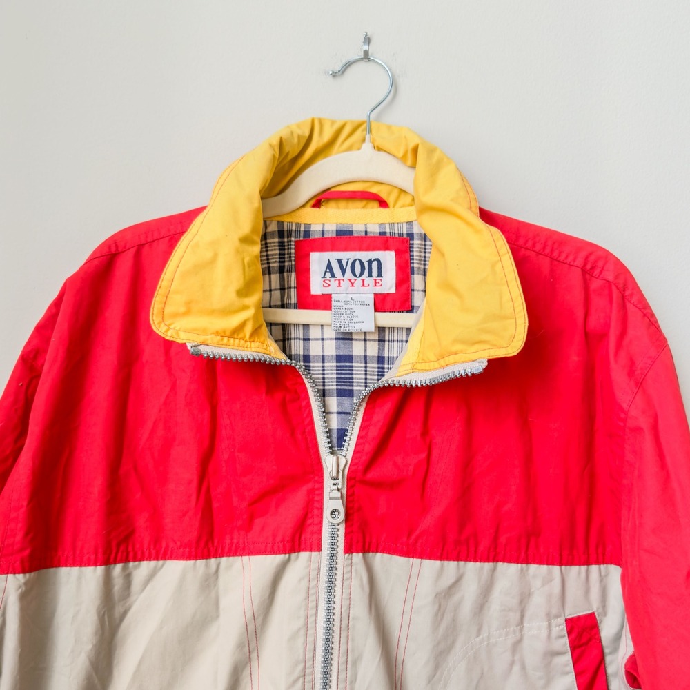 Vintage 90s Avon Style Colorblock Windbreaker Jacket Red Navy Tan Mens Large - Picture 3 of 7